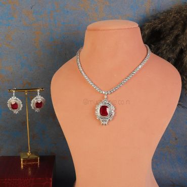 Ruby Diamond Pendant Style Necklace Set 