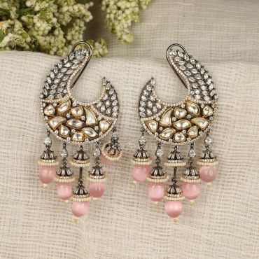 Designer Baby Pink Uncut Kundan With Diamond Earrings