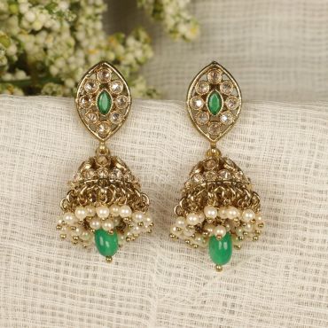 Emerald Green Antique Gold Polish Jhumka Earrings