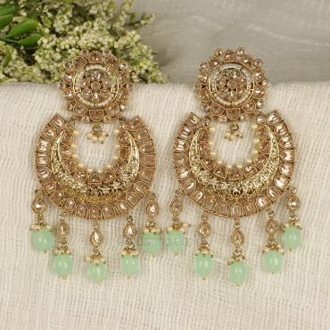 Designer Antique Gold Tone Green Chandbali With Kaan Chain Earrings