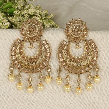 Designer Antique Gold Tone Chandbali With Kaan Chain Earrings