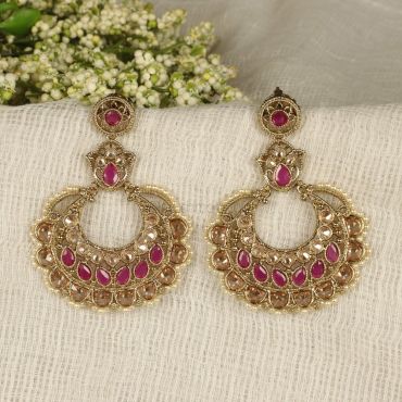 Ruby Chandbali Earrings In Antique Gold Tone