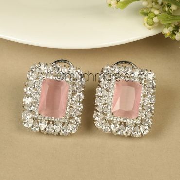 Stylish Baby Pink Silver Plated AD Studded Tops Earrings 