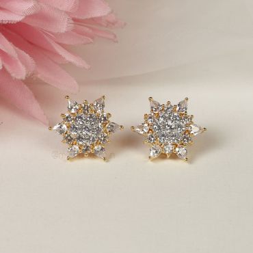 Gold White American Diamond Tops Earrings