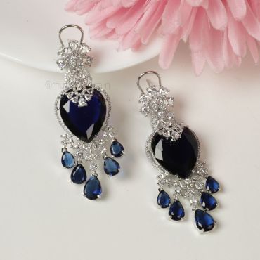 Sapphire Blue Silver Polish Diamond Earrings