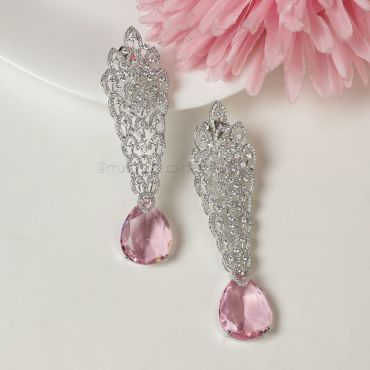 Soft Pink Droplet Silver Polish Diamond Earrings
