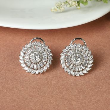 Silver Polish Round Diamond Stud Earrings 