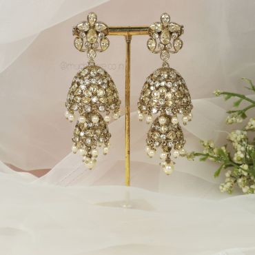 Antique Gold Tone Yellow Double Layer Jhumka Earring