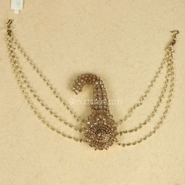 Antique Gold Tone Kalgi For Men With Side Strands Of Pearls
