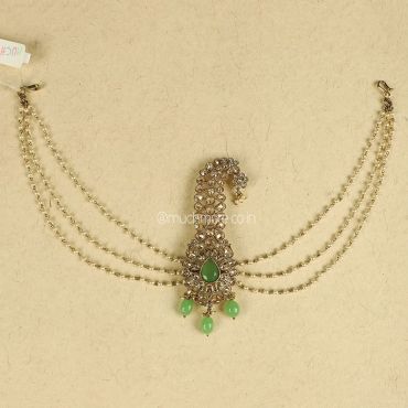 Mint Green Antique Gold Tone Groom Kalgi With Pearl Side Strands