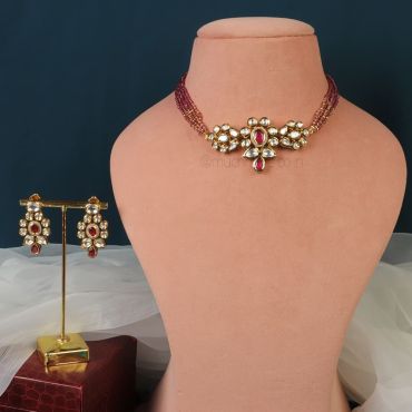Ruby Beads Kundan Necklace With Earrings