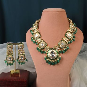 Gold Polish Polki Kundan Emerald Green Necklace Set 