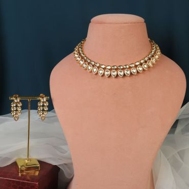Gold Polish Kundan Diamond Necklace Earrings 