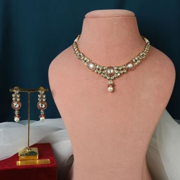 CZ Studded Gold Polish Ruby Pearl Necklace Set