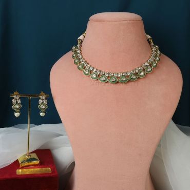 CZ Studded Gold Polish Dark Green Necklace Set