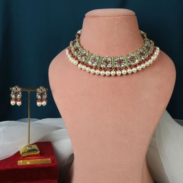 CZ Studded Gold Polish Ruby Green Necklace Set