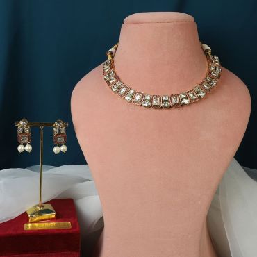 Light CZ Studded Gold Polish Ruby Necklace Set