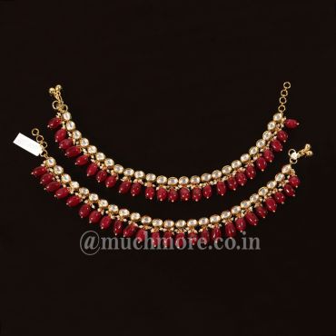 Ruby And Gold Tone Kundan Anklets For Wedding