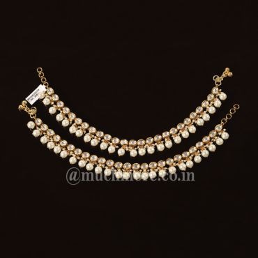 Classic Gold Tone Kundan With Pearls Anklets For Girls 