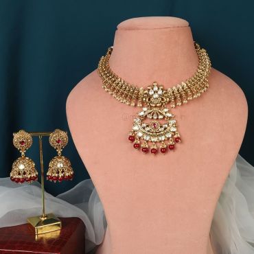 Ruby Drop Gold Polish Kundan Necklace Earrings Set