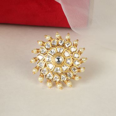 Gold Polish Kundan Pearl Round Traditional Ring