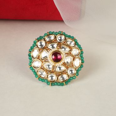 Gold Polish Kundan Pearl Round Ruby Green Ring