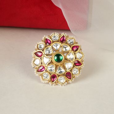 Ruby Green Kundan Ring Gold Polish With Beads 