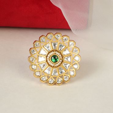 Emerald Green Kundan Beads Women's Ring