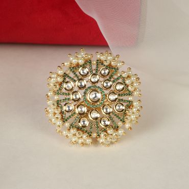 Emerald Green Gold Plated Big Round Pearl Ring
