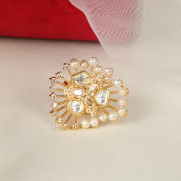 Gold Plated Uncut Kundan Pearls AD Ring