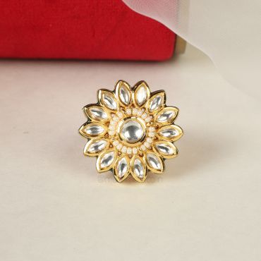 Flower Shaped Kundan White Adjustable Ring