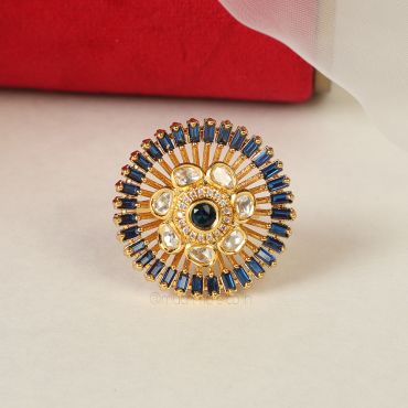 Baguette With Uncut Kundan Ring In Sapphire Blue