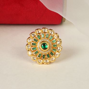 Baguette In Emerald Green With Kundan Ring