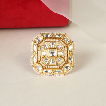 Square Shaped Kundan Pearl Gold Polish Ring