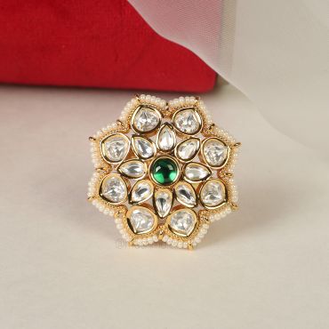 Flora Emerald Green Kundan Pearl Designer Ring