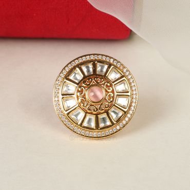 Round Baby Pink Kundan Diamond Ring for Women