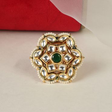 Emerald Green Kundan Pearl Flower Ring