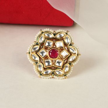 Ruby And White Kundan With Pearl Women Ring