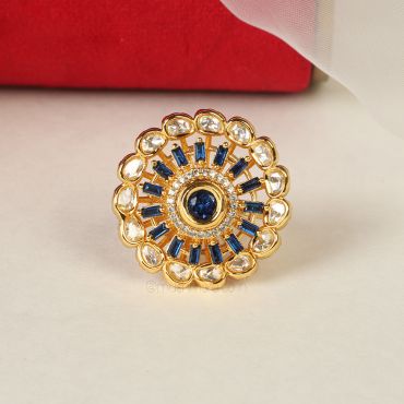 Gold Polish Sapphire Blue Kundan Diamond Ring