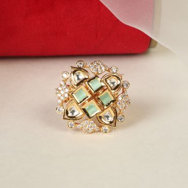 Gold Plated Mint Green Diamond Kundan Ring