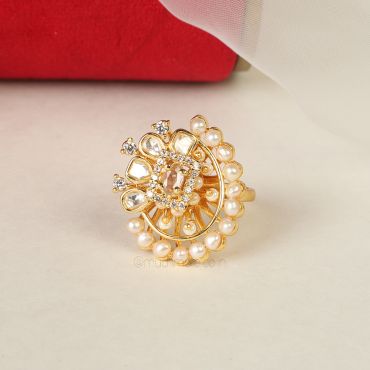 Pearl Color Gold Plated Kundan Unique Ring