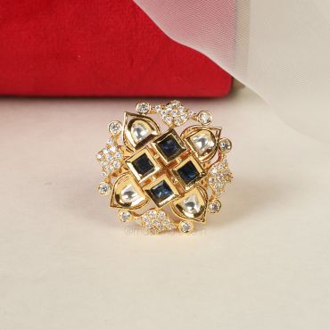 Sapphire Blue Gold Polish Kundan With Diamond Ring