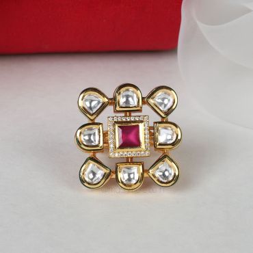 Square Shaped Kundan Ruby Red Adjustable Ring