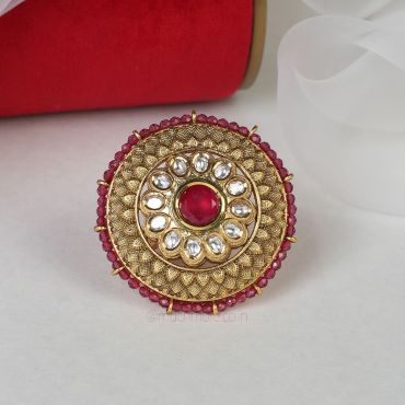Gold Look With Ruby Kundan Beads Round Ring