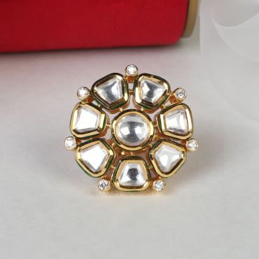 Gold Polish White Kundan Flower Ring