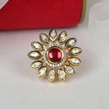 Gold Polish Ruby Flora Kundan Traditional Ring