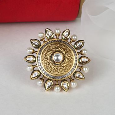 Gold Look With Kundan Work Traditional Ring