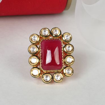 Ruby Studded Rectangular Kundan Ring