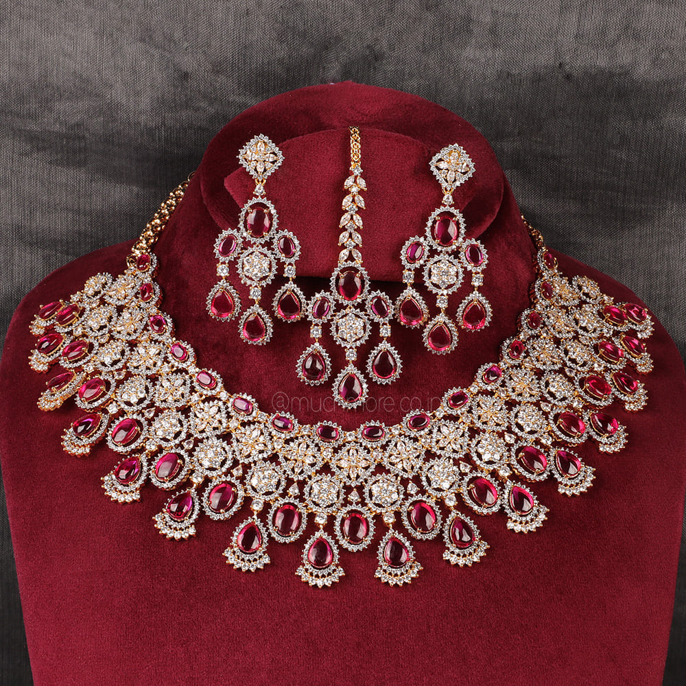 Gold Polish Ruby Diamond Necklace Set For Brides