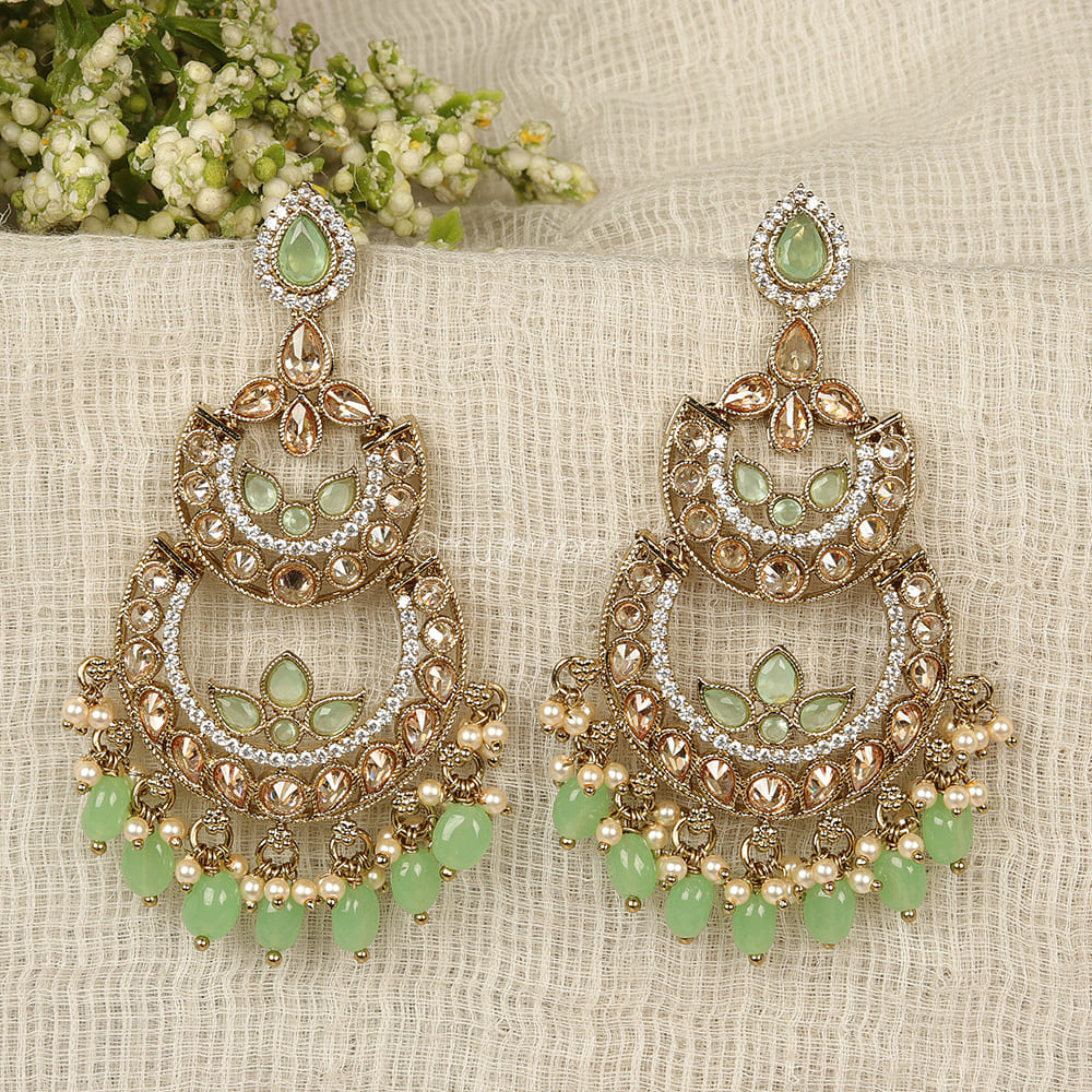 Antique Gold Tone Mint Green Traditional Hanging Earrings
